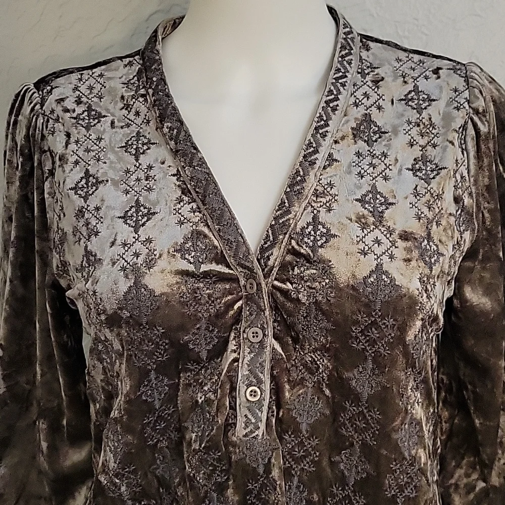 Andree BY UNIT Silver Crushed Velvet Velour Embroidered Castlecore Blouse